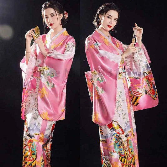 Women's Japan Kimono Gown Traditional Vintage Dress Fashion Print Geisha Robe Yukata with Obi Novelty Elegants Kimono Costume