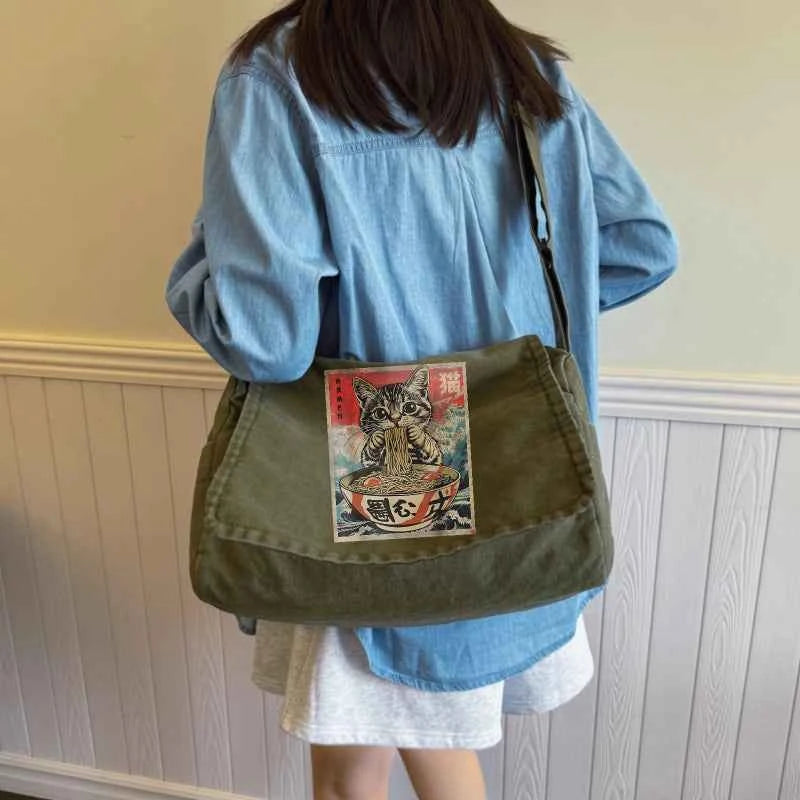 Japanese Printed Canvas Bag Large Capacity Hobo Bag Unisex Shoulder Bag Retro Women's Crossbody Shoulder Bag Commuting