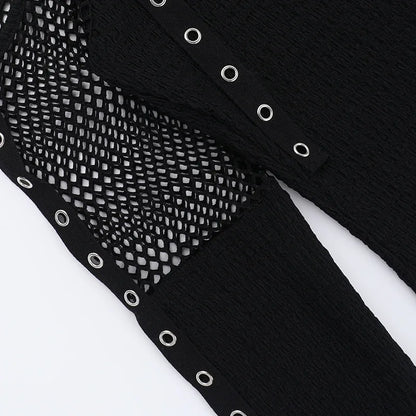 Goth Dark Punk Grunge Fishnet Patchwork Off Shoulder T-shirts Trim Corn Strap Halter Tops Autumn Mall Gothic Streetwear T-shirt