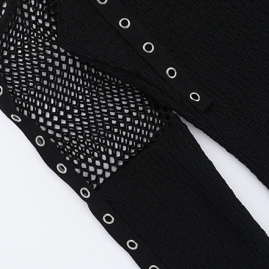 Goth Dark Punk Grunge Fishnet Patchwork Off Shoulder T-shirts Trim Corn Strap Halter Tops Autumn Mall Gothic Streetwear T-shirt
