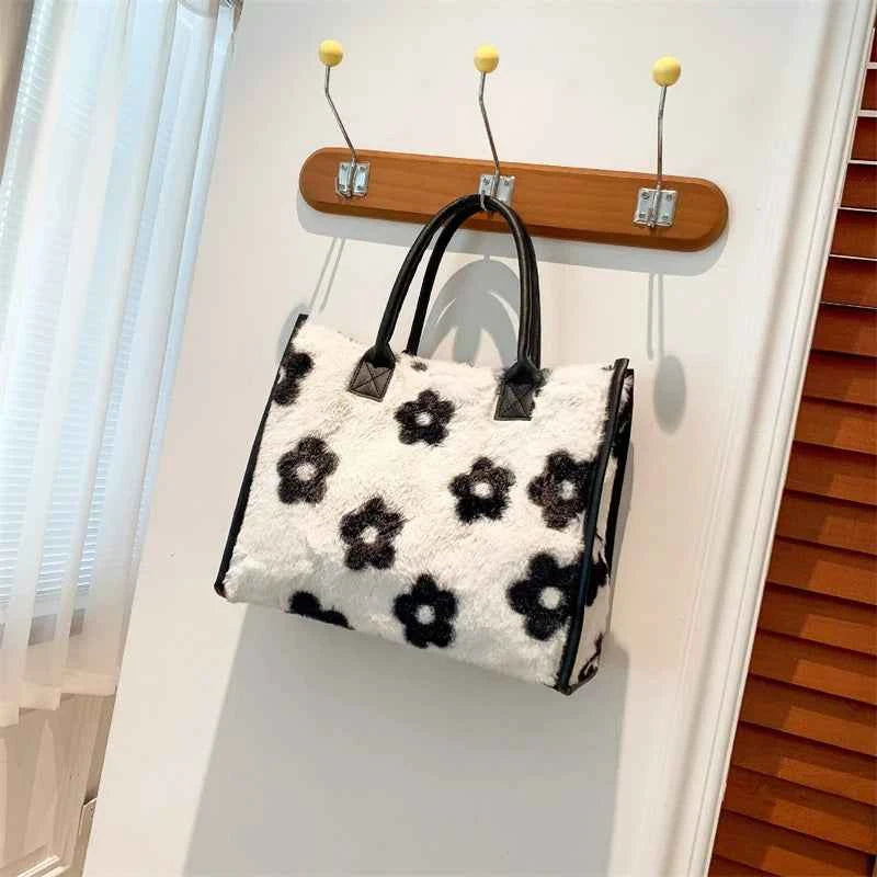 Winter Faux Fur ,Leopard Print Designer Shopper Totes, Fashion Soft Plush Women Shoulder Bags, Large Capacity Handbags and Purse