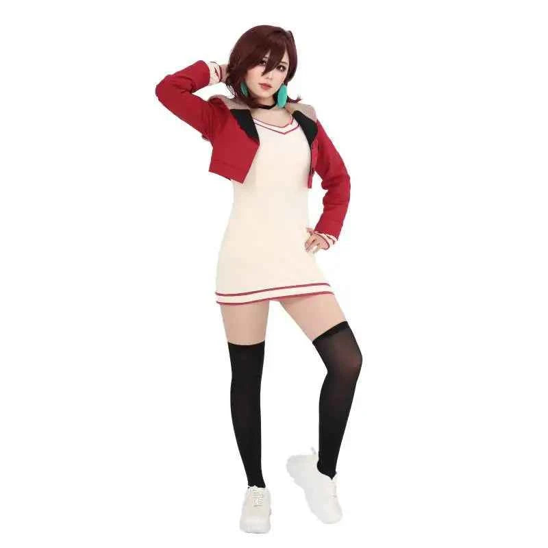 DAZCOS Momo Ayase Dan Da Cosplay Costume Full Set Outfit Red Suite Jacket Knitted Dress for Women Halloween