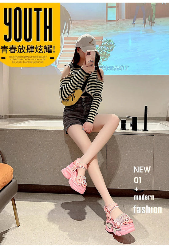 Summer High Platform Women Sandals Buckle 10CM Wedges Bling Shoes Fashion 2023 Outside Chunky Sandals Beach Casual Slides Woman SS69