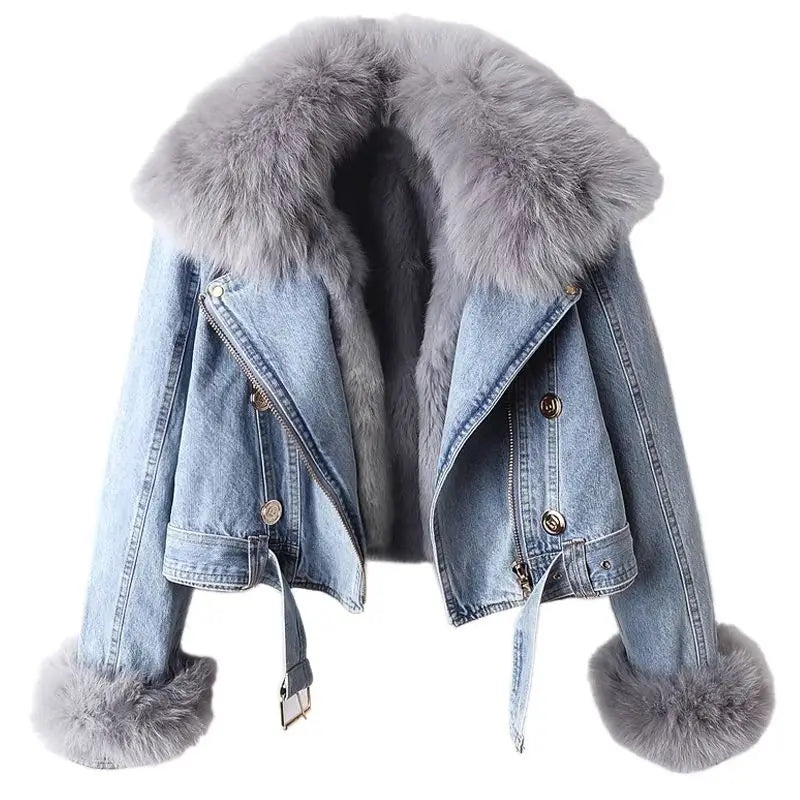 Women's Faux Fox Fur Collar Jean Jacket - Warm Winter Outwear
