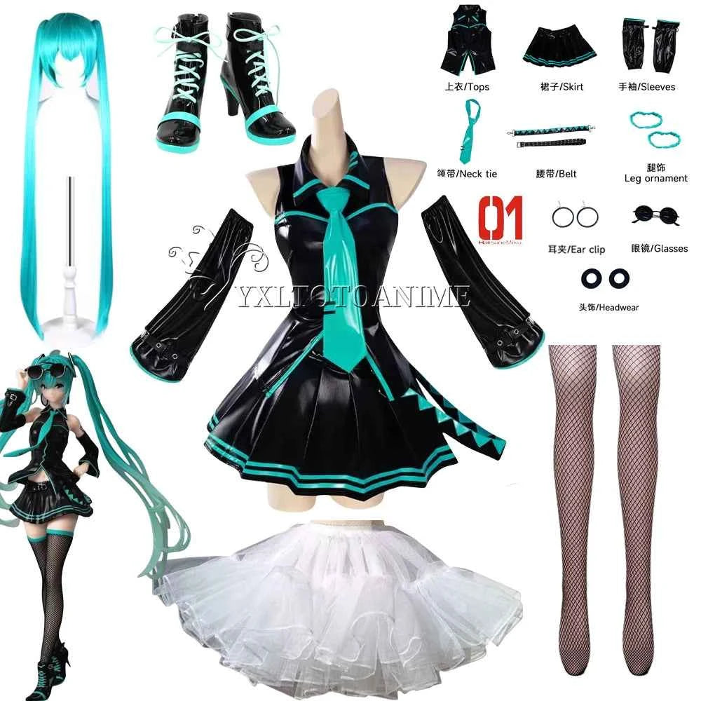 in stock Anime Miku Cosplay Full Set Costume Miku 16TH Cosplay Leather Midi Sexy Dress Halloween Carnival Party JK Uniform