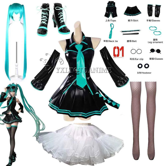 in stock Anime Miku Cosplay Full Set Costume Miku 16TH Cosplay Leather Midi Sexy Dress Halloween Carnival Party JK Uniform