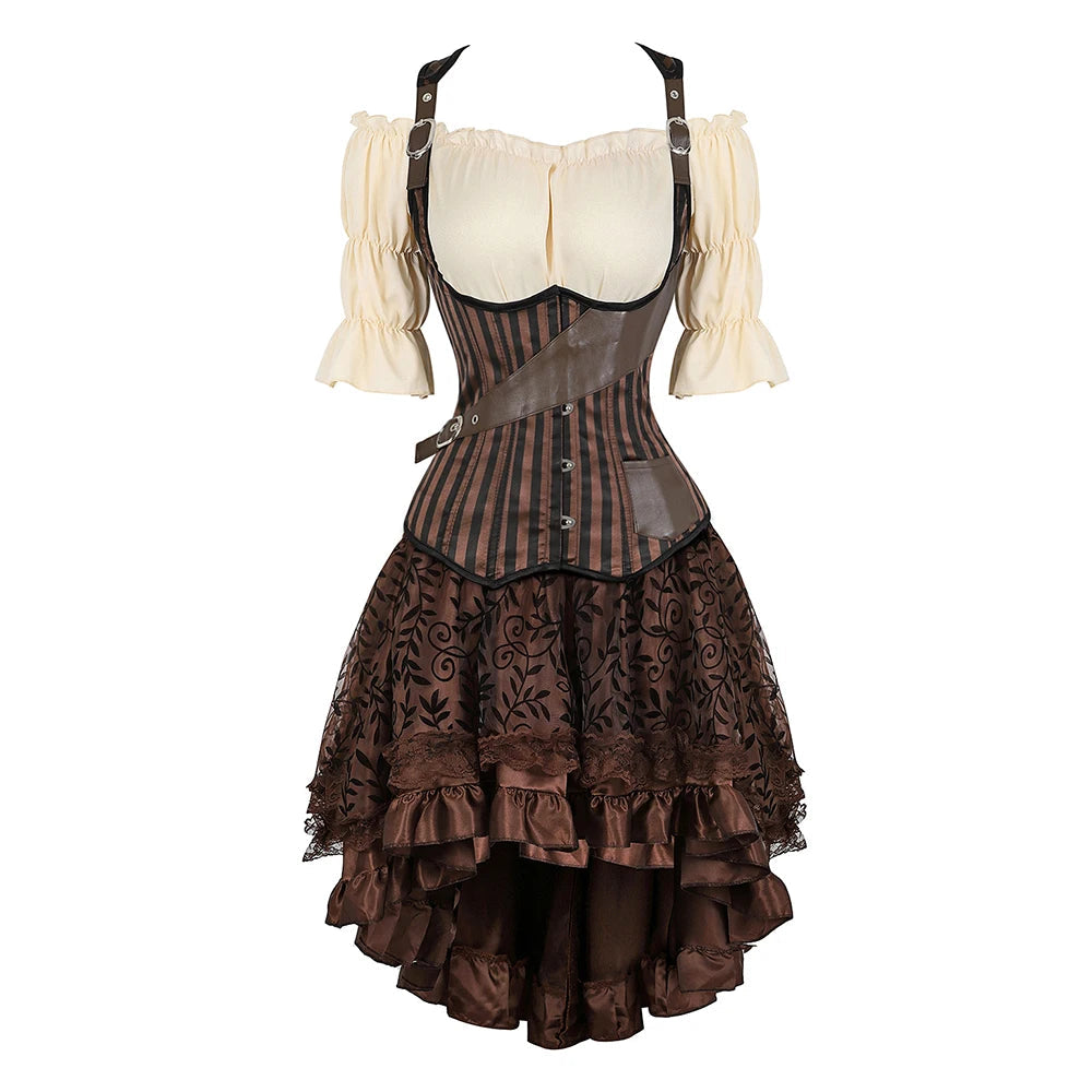 Brown Pirate Dress Plus Size Faxu Leather Steampunk Corset Dress with Shoulder Off Blouse Cosplay Pirate Costume for Women SS69 70.69 Brown 1 / M