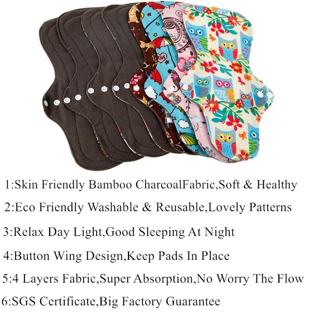 5PCS Reusable Menstrual Pads Heavy Flow Women Menstrual Period Washable Sanitary Napkin Organic Bamboo Charcoal Cloth Pad