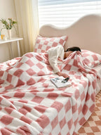 Pink White Plaid Coral Fleece Blanket for Sofa & Travel