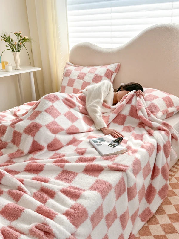 Pink White Plaid Coral Fleece Blanket for Sofa & Travel