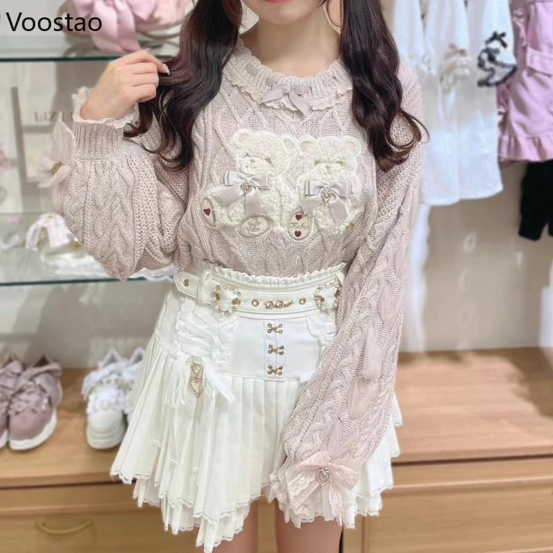 Sweet Lolita Bear Embroidery Knit Sweater with Puff Sleeves