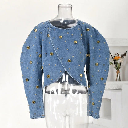 Spring Autumn Women Rivets Long Lantern Sleeve Denim Coat Short Pearls Beading Jeans Bomber Jacket Cowboy Cardigan Tops 2023 SS69