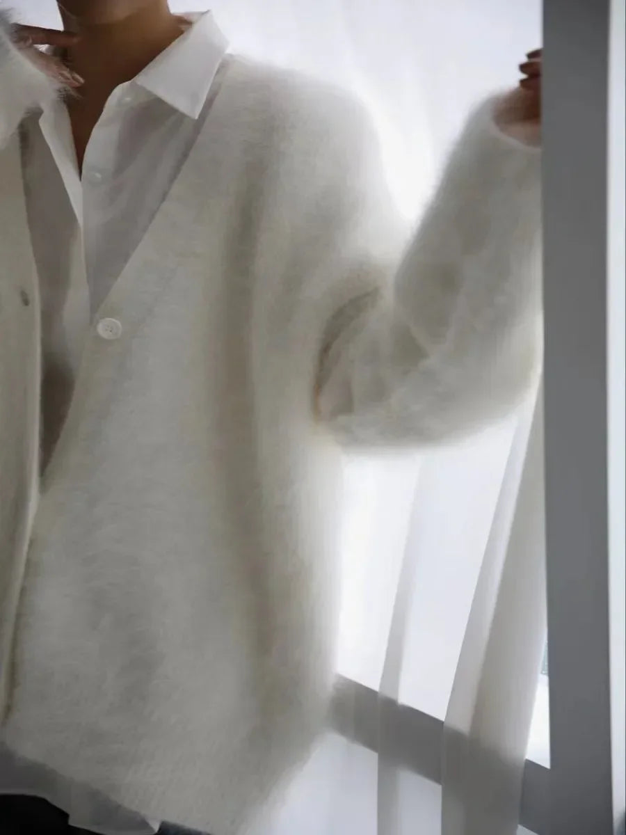 Women's V-Neck Cardigan Sweater Coat - Solid Knit, Single Breasted