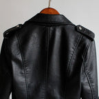 Women's PU Leather Motorcycle Jacket - Slim Fit, Turn-Down Collar
