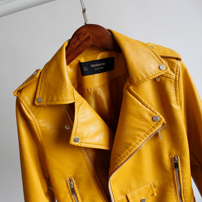 Women's PU Leather Motorcycle Jacket - Slim Fit, Turn-Down Collar