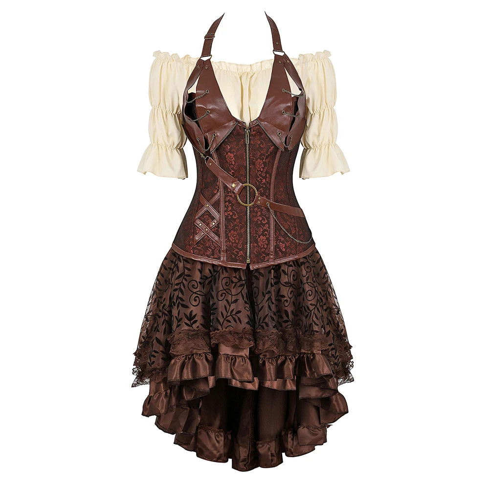 Brown Pirate Dress Plus Size Faxu Leather Steampunk Corset Dress with Shoulder Off Blouse Cosplay Pirate Costume for Women SS69 73.69 Brown 11 / 5XL