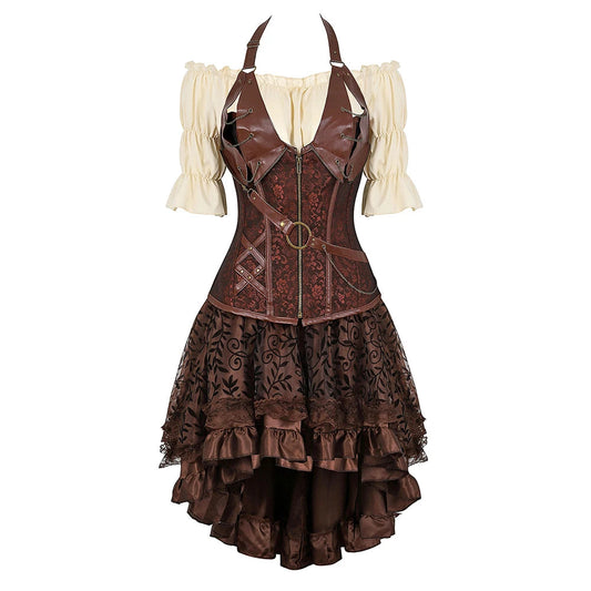 Brown Pirate Dress Plus Size Faxu Leather Steampunk Corset Dress with Shoulder Off Blouse Cosplay Pirate Costume for Women SS69 73.69 Brown 11 / 5XL