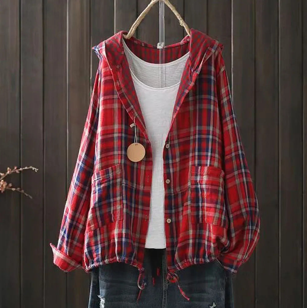 Large size blouses for women autumn spring hooded long sleeve single-breasted plaid shirts oversized shirt top female hoodies