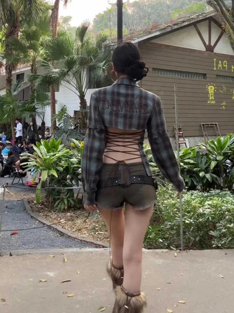 2025 Spring Summer Women Y2k Design Harajuku Shirts Long Sleeve Aesthetic Tops Backless Blouses Design Grunge New Goblin Core SS69