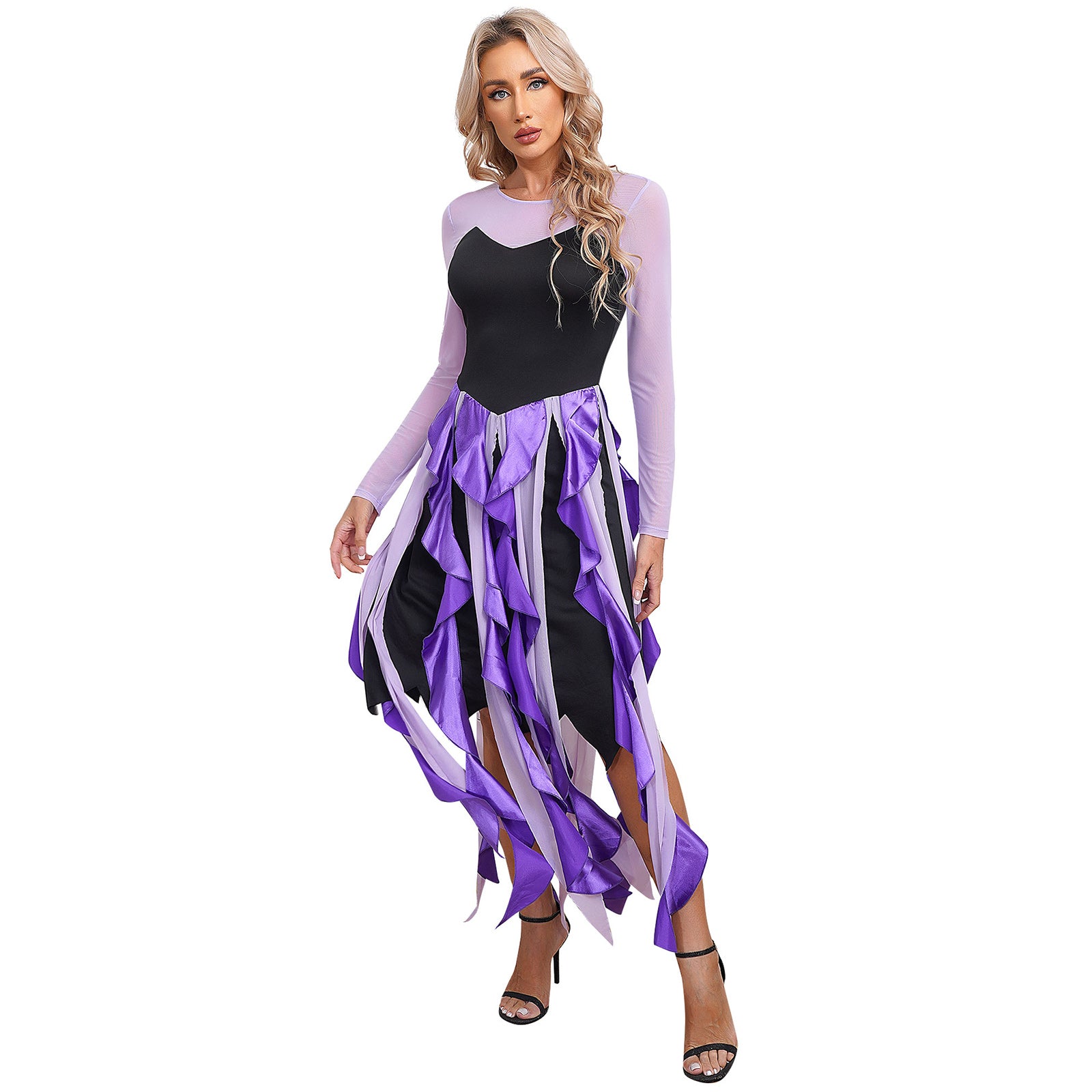 Women Ursula‘s Dress Halloween Carnival Mermaid Octopus Sea Witch Cosplay Costume Long Sleeve Mesh Asymmetrical Hem Dresses