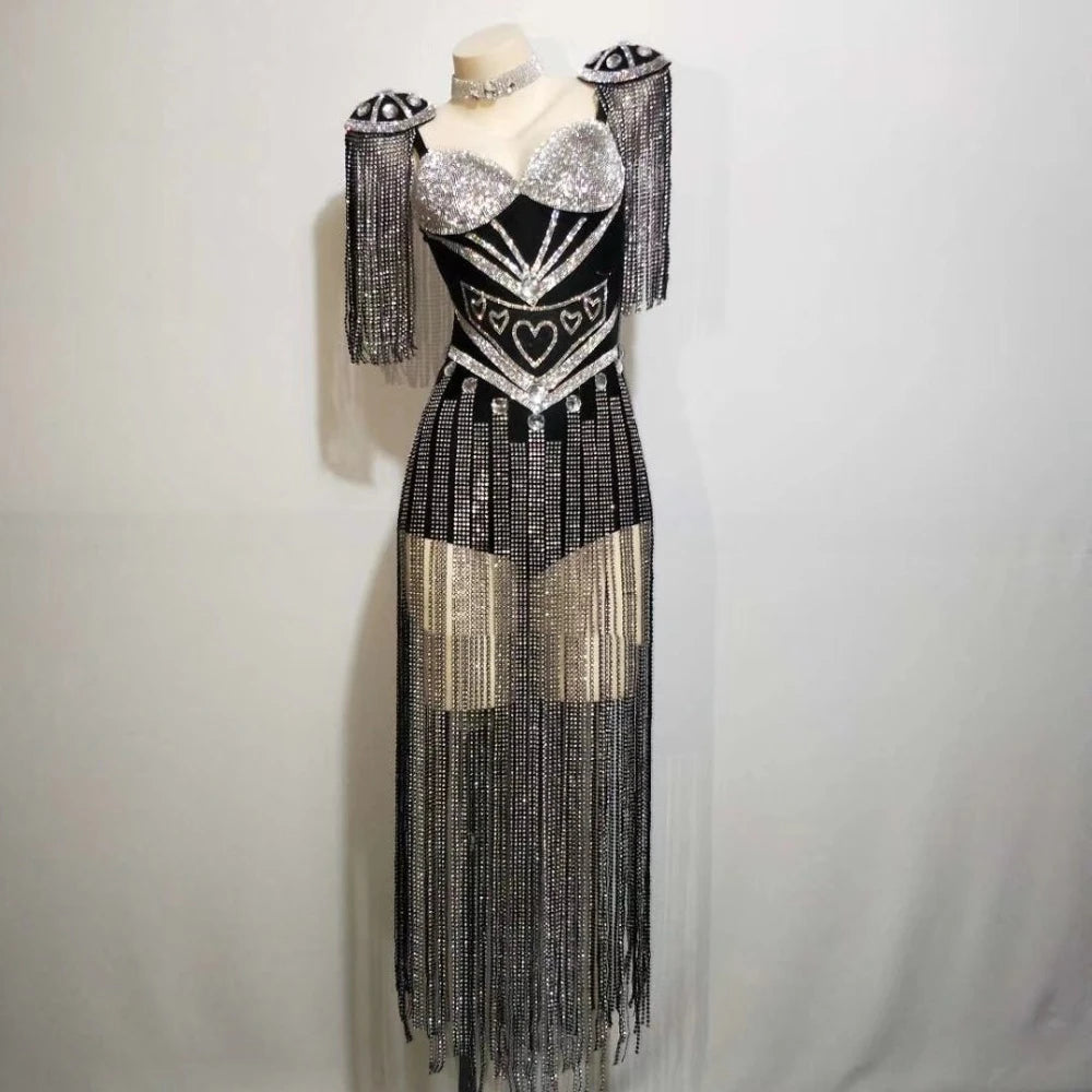 Sparkly White Rhinestones Tassels Epaulet Bodysuit Nightclub Dancer Group DJ Dance Costume Sexy Fashion Singer Stage Wear SS69