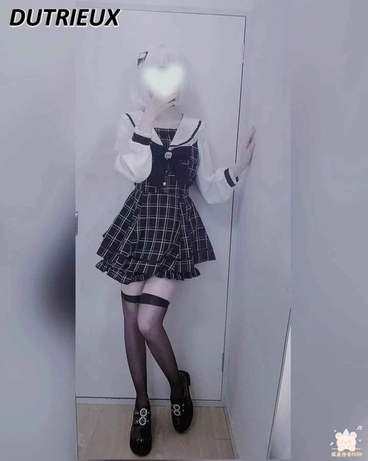 Japanese Style Women's Outfits Sailor Collar Plaid Rhinestone Bow Dress Shorts Set Sweet Lolita Mine Series Dress Two-Piece Suit