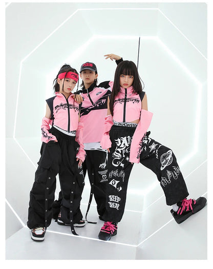Hip Hop Dance Costume for Girls Pink Tops Black Pants Teenagers Boys Jazz Dance Performance Clothes Kpop Outfits Kids Stage Wear SS69