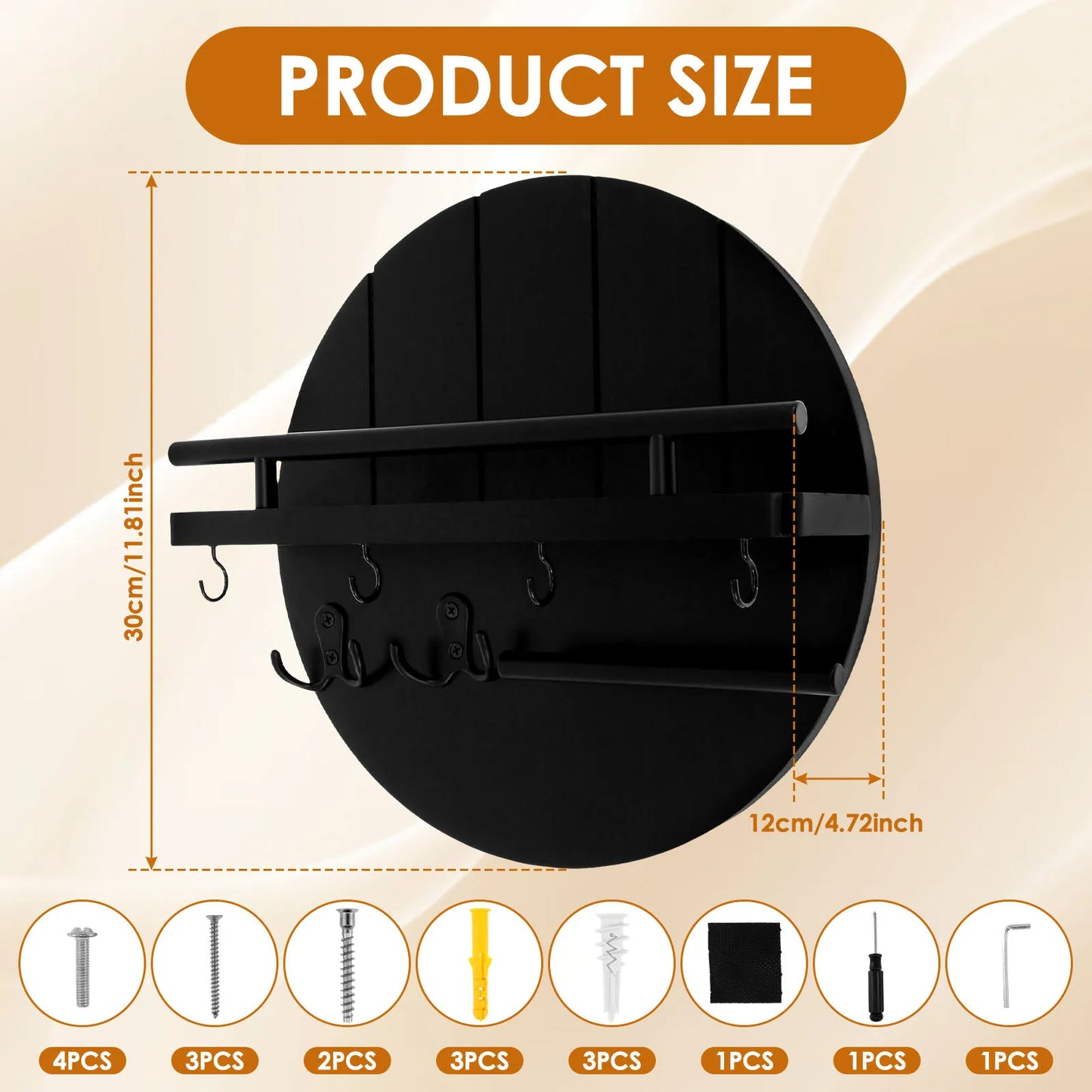 SS69 Round Wooden Wall Key Holder with Floating Shelf and 6 Storage Hooks