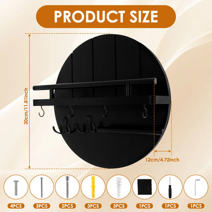 SS69 Round Wooden Wall Key Holder with Floating Shelf and 6 Storage Hooks