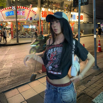 Off Shoulder Retro Y2k Tops Letter Print Short Sleeve T-Shirt Harajuku Slimming Women Top 2025 Summer New Women's Clothing SS69