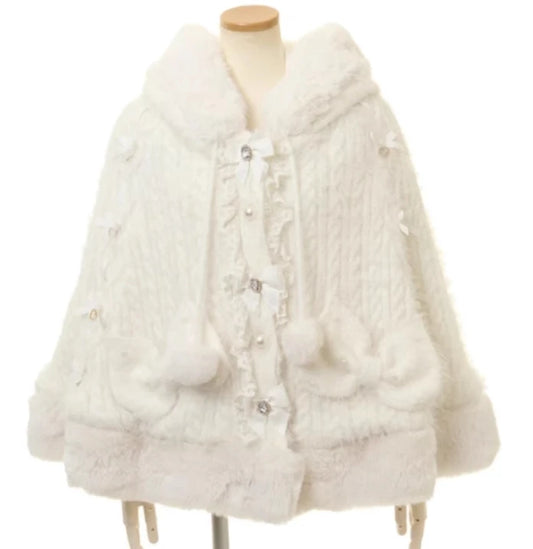 Godivana Lolita Style Faux Rabbit Fur Cape Coat with Bow & Rhinestones - White