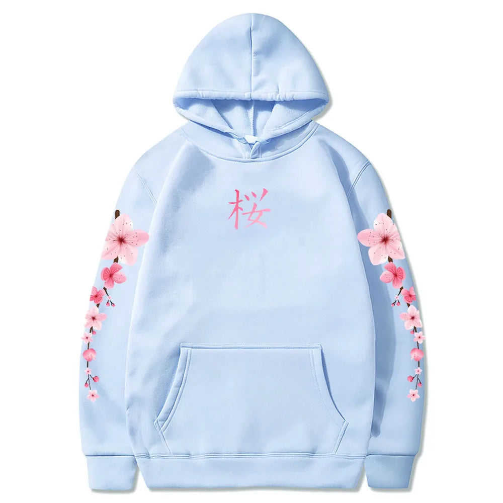 Japanese Blossom Sakura Graphic Hoodies Long Sleeve Winter Hooded Sweatshirts Casual Women/Men Comfortable Pullovers with Pocket SS69 20.69 light-blue / XXL