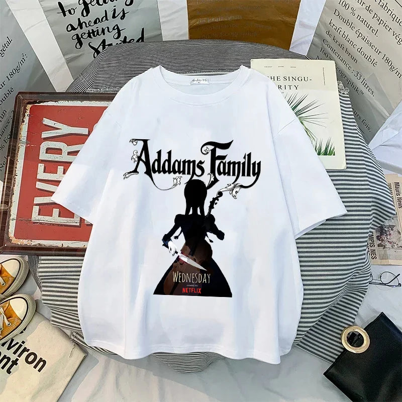 Wednesday Addams Women Casual T-shirt Summer Adult Cartoon Printed Tee Tops Girls Round Neck Clothing Short Sleeve Fashion Gifts SS69