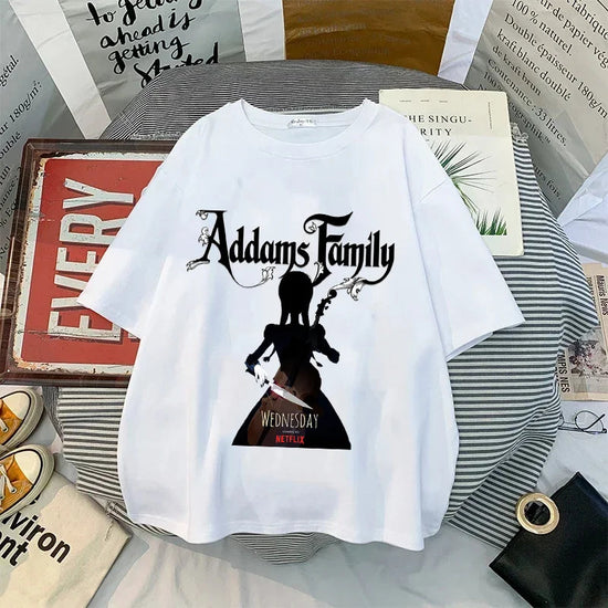 Wednesday Addams Women Casual T-shirt Summer Adult Cartoon Printed Tee Tops Girls Round Neck Clothing Short Sleeve Fashion Gifts SS69