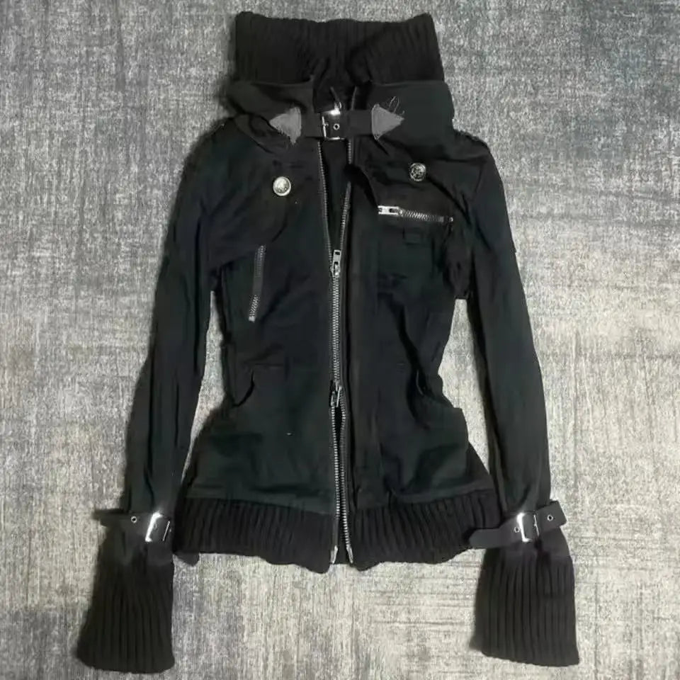Women Y2K Gothic Zip Up Hoodie Red Faux Fur Collar Embroidery Rhinestone Hooded Jacket Grunge Streetwear Casual Sweatshirt