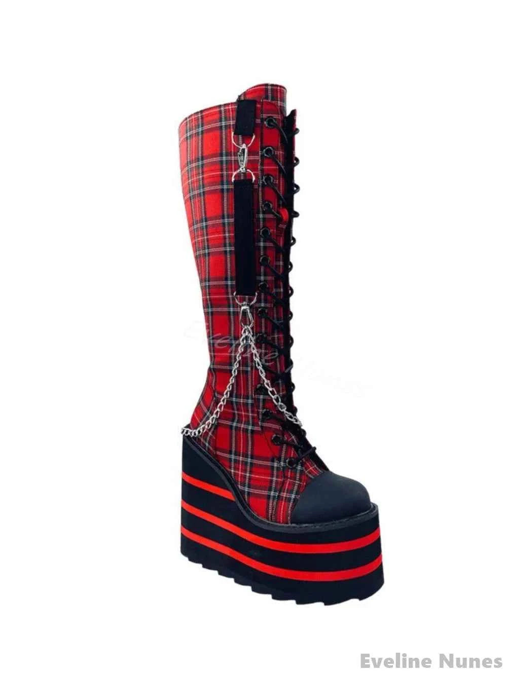Canvas Check Platform Knee-high Boots Women Metal Chain Round Toe Wedges Cross Tied Lolita Heighten Shoes 2025 Lovely Sexy Boots