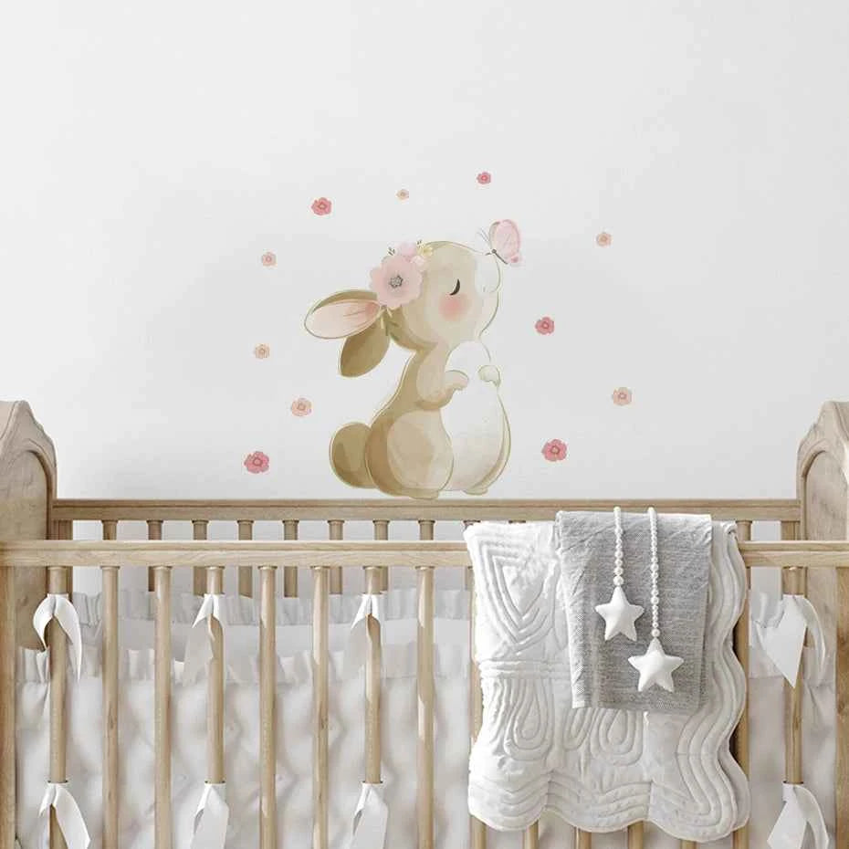 Boho Cartoon Rabbit Butterfly Flowers Wall Sticker Nursery Kids Room Home Decoration Mural Living Room Bedroom Bunny Stickers