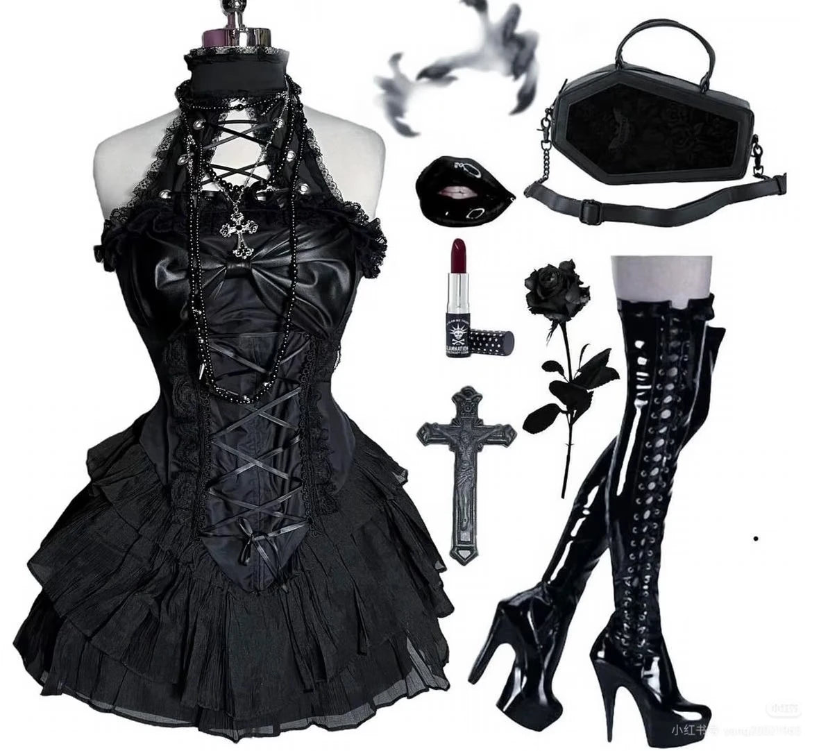 Gothic Y2k Hot Girl New 2-piece Set Women's Design Bow Lace Slash Neck Darkly Dress Suit Female + Vintage Puff Sleeve Cardigan