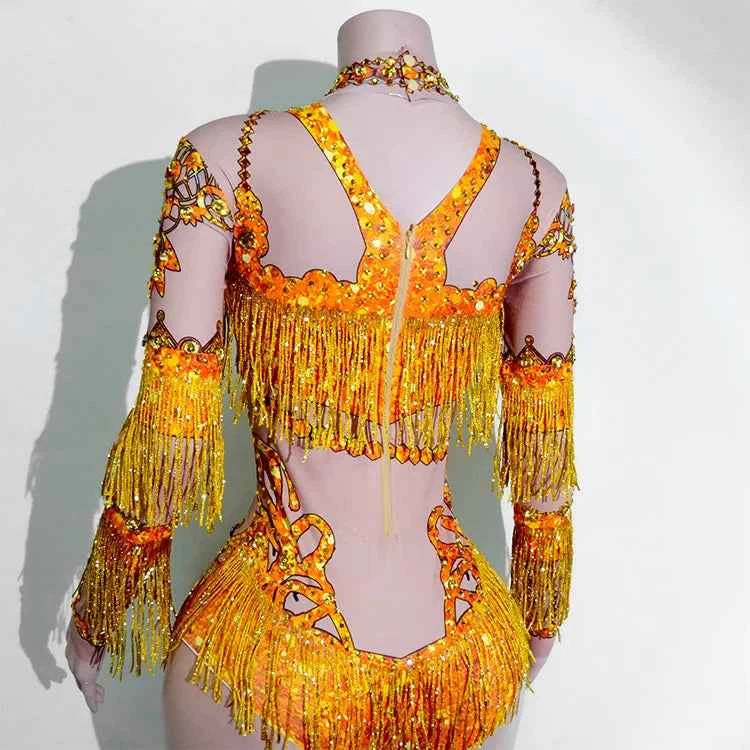 Custom rhinestones bodysuit tassels women Celebrate stage Team pole dance club party fashion leotard clothing