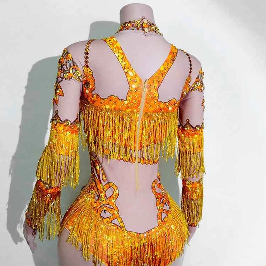 Custom rhinestones bodysuit tassels women Celebrate stage Team pole dance club party fashion leotard clothing