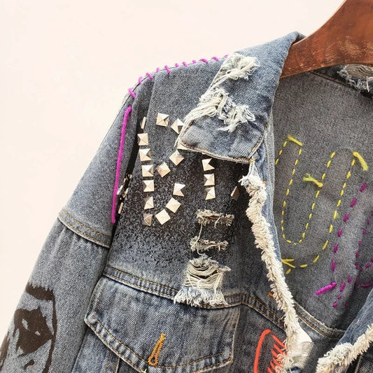 2025 Spring Autumn Women Street Fashion Graffiti Denim Jacket Female Short Frayed Raw Cut Rivet Jacket Fringe Jean Coat Outwear SS69