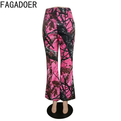FAGADOER Y2k Fashion Pink Camouflage Print Pants Women Button High Waist Flare Pants Female INS New Autumn Streetwear Bottoms SS69