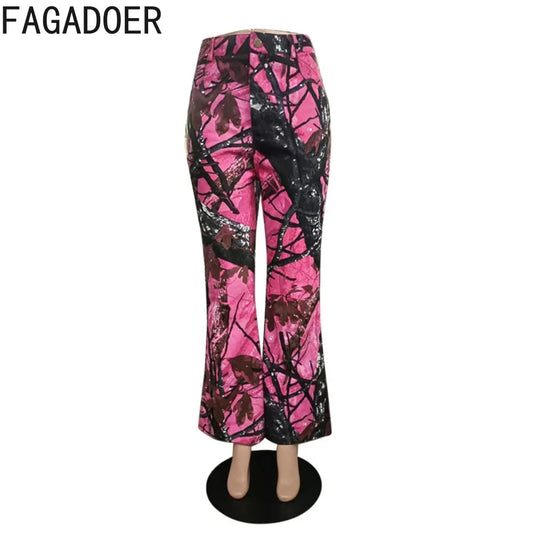 FAGADOER Y2k Fashion Pink Camouflage Print Pants Women Button High Waist Flare Pants Female INS New Autumn Streetwear Bottoms SS69