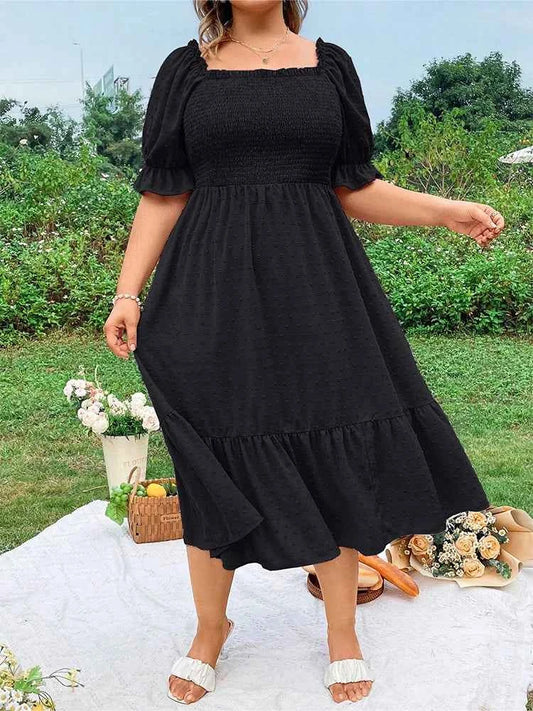 Plus Size Women's Pure Color Wrap Ruffle Hem Midi Dress Square Neck Backless Short Sleeve Dress Elegant temperament