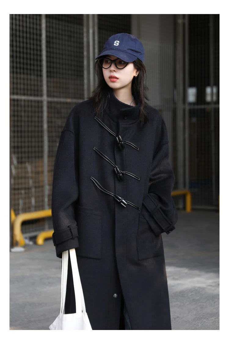 CHIC VEN Women Long Woolen Coats Single Breasted Loose Stand Collar Cow Horn Buttoned Office Ladies Overcoat Autumn Winter 2026