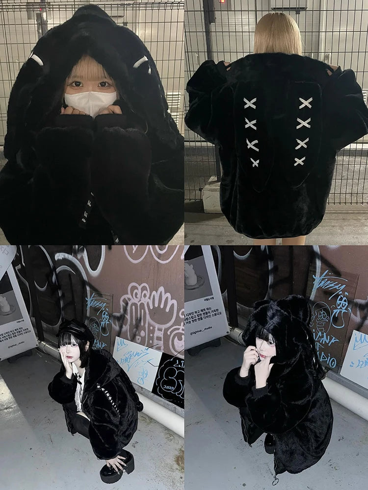 Nerazzurri Winter Sweet Cute Kawaii Soft Thick Warm White Faux Fur Coat Women with Bunny Ears Cute Fluffy Jacket Hoodie 2024 SS69