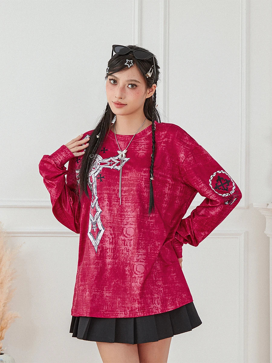 Women s Vintage Graphic Tops Gothic Long Sleeve Round Neck Loose T-Shirts Streetwear Grunge Tops SS69