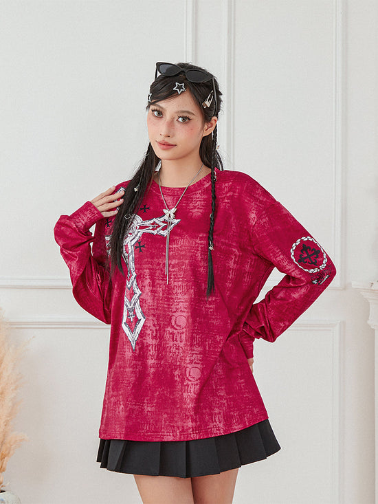 Women s Vintage Graphic Tops Gothic Long Sleeve Round Neck Loose T-Shirts Streetwear Grunge Tops SS69