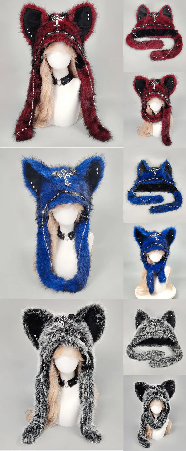 Dark Series Gothic Plush Hat Y2K Cross Metal Style Headwear Cosplay Cat Ear Hat Halloween Punk Rock Warm Cap for Women Men Child