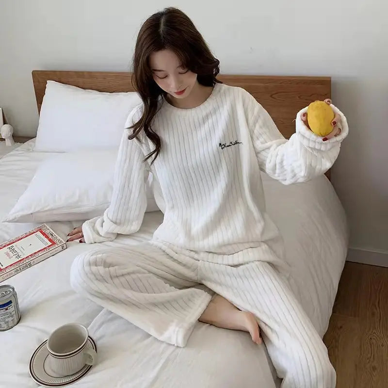 Women Coral Fleece Pajamas Set Winter Flannel Homewear Outfit Loungewear Sleepwear Cozy Warm House Dress Casual Wear